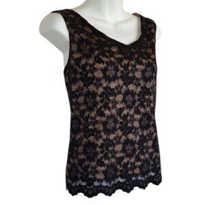 JEFFREY & DARA dressy top, black floral lace over nude lining, pullover. 4